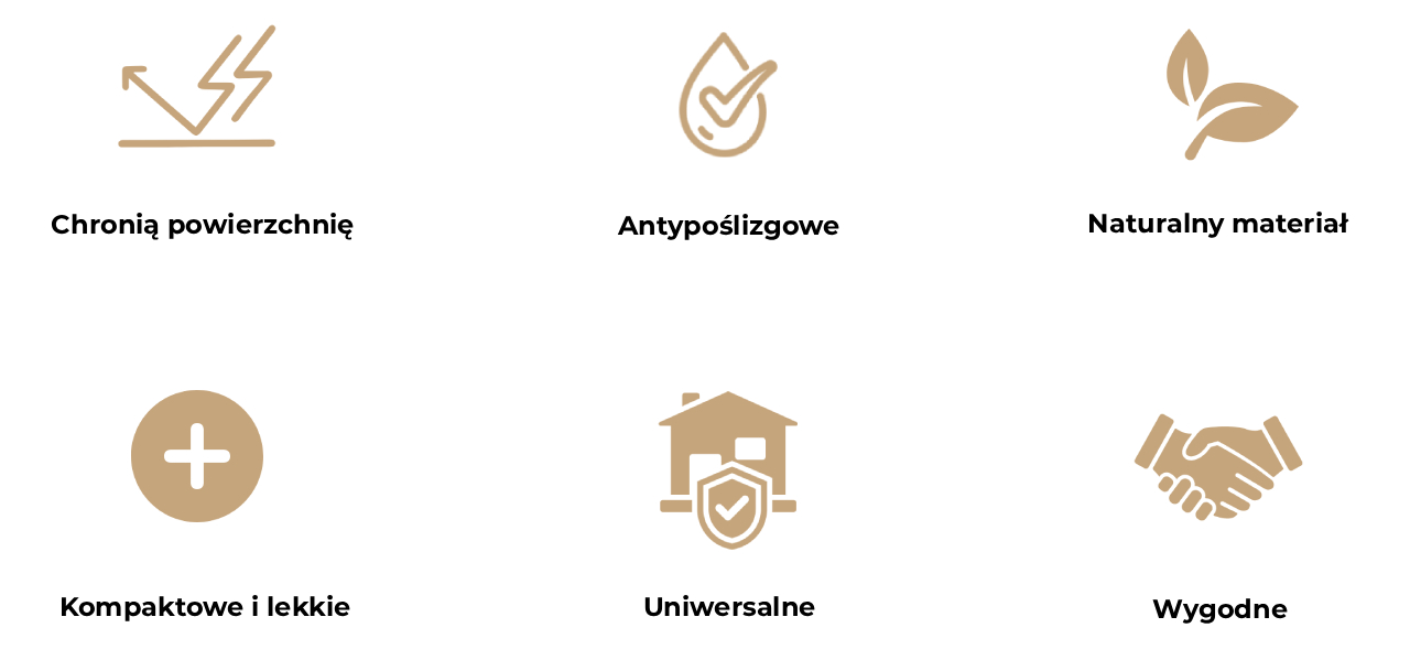 Obraz przedstawia sześć ikon opisujących zalety podkładek korkowych na stół.